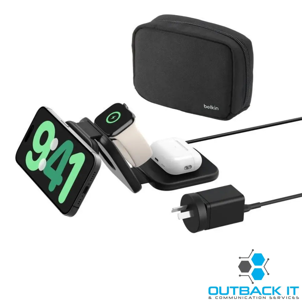 Belkin BoostcCharge Pro 3-in-1 Magnetic Wireless Travel Pad 15W With Qi2 - Black(WIZ024auBK),36W USB-C PSU,1.5m USB-C