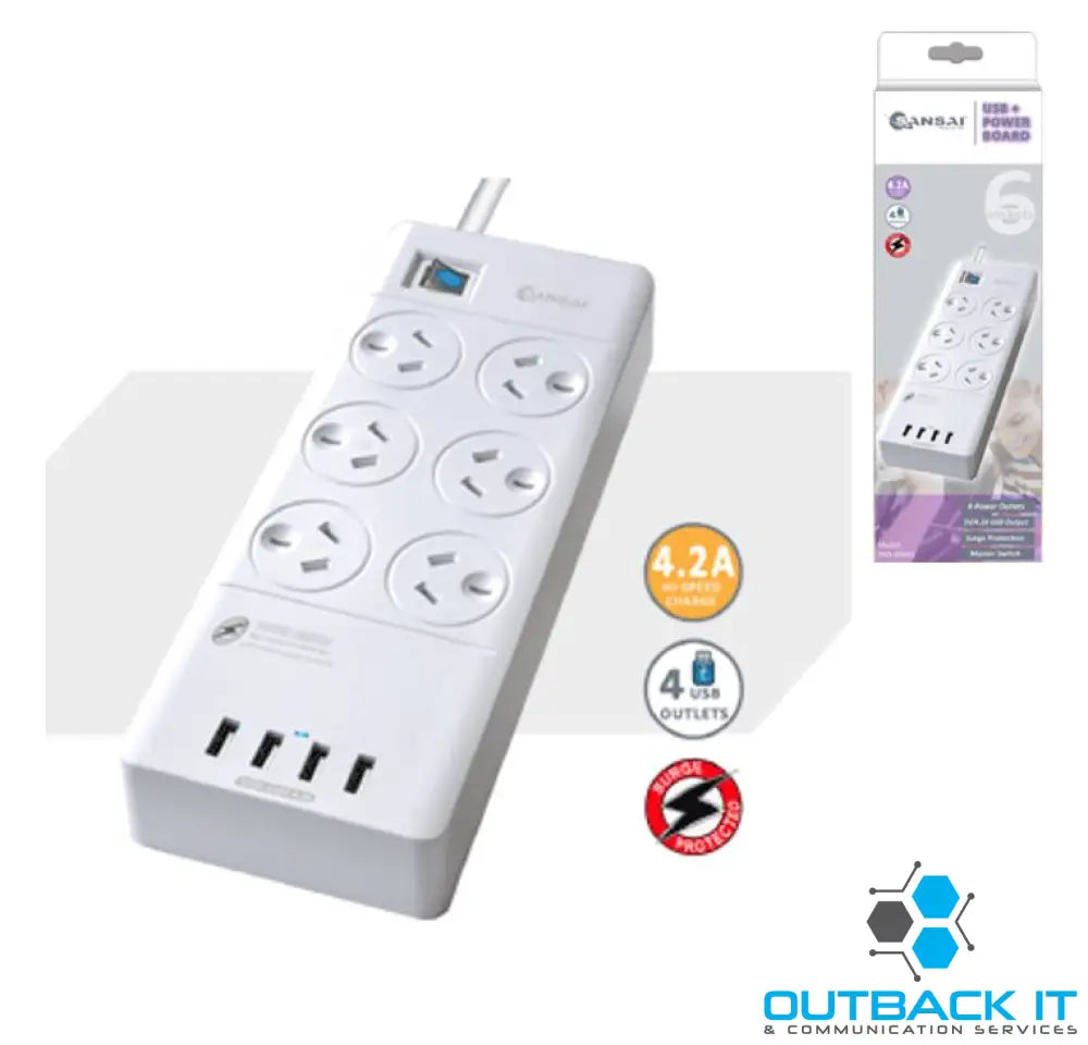 Sansai 6 Outlets & 4 USB Outlets Surge Protected Powerboard Master On/Off switch Surge and overload protected