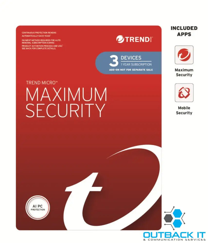 Trend Micro Maximum Security Plus (3 Devices) 1 Year Add-on Auto Renew OEM (Plus = Secure VPN / Cleaner Pro) Anti-Virus