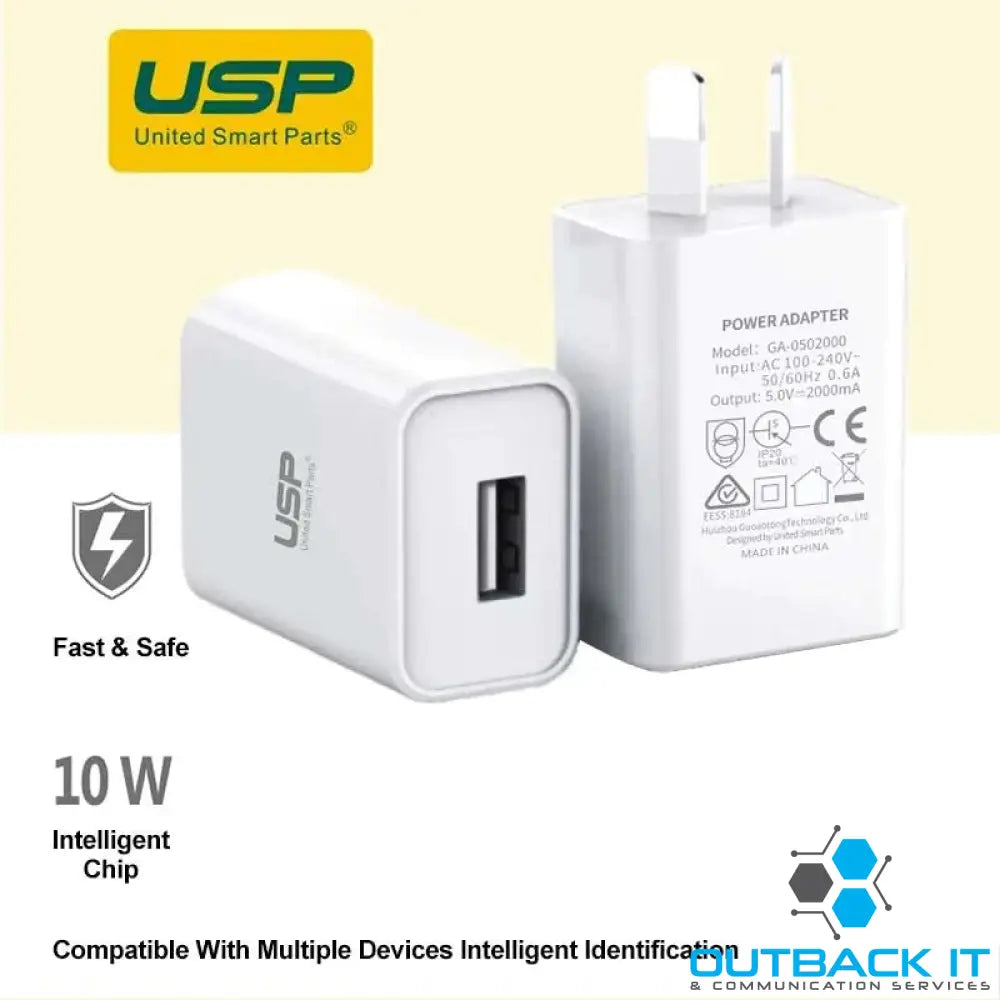 USP 10W USB-A Fast Wall Charger White - Intelligent Chip Smart Charging Output Voltage DC5V/3A Output Current 2A max