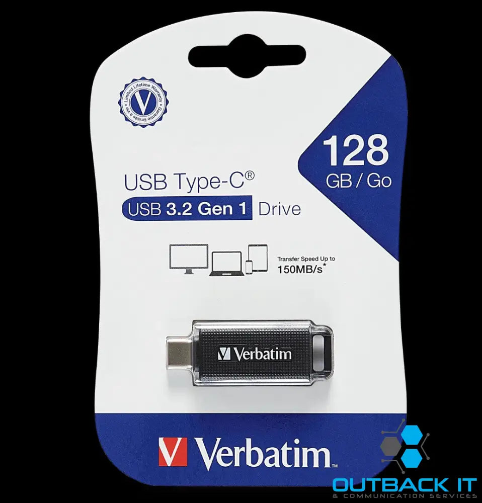 Verbatim 128GB Type-C USB 3.2 Flash Drive - Black Retail Pack 70903 Ultra Fast Transfer Compact and Light weight design