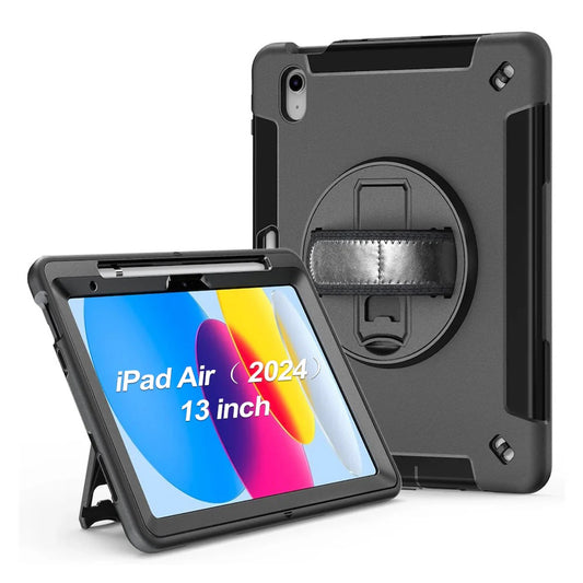 USP Rugged Apple iPad Air (13') (M3/M2) (7th/6th Gen) / iPad Pro (12.9') (6th/5th/4th/3rd) Case Black - Built-in-Kickstand,Adjustable Hand Strap