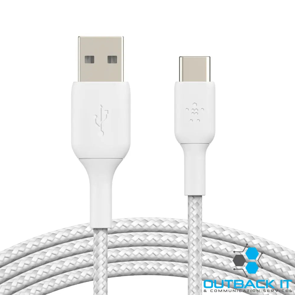 Belkin BoostCharge Braided USB-C to USB-A Cable (1M) - White (CAB002bt1MWH) 15W 480Mbps 30K + Bends USB-IF Certified