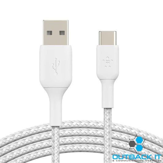 Belkin BoostCharge Braided USB-C to USB-A Cable (1M) - White (CAB002bt1MWH) 15W 480Mbps 30K + Bends USB-IF Certified