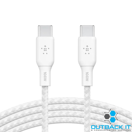 Belkin BoostCharge Braided USB-C to USB-C Cable (2M) - White (CAB014bt2MWH) 100W 480Mbps,30K + Bends,Samsung