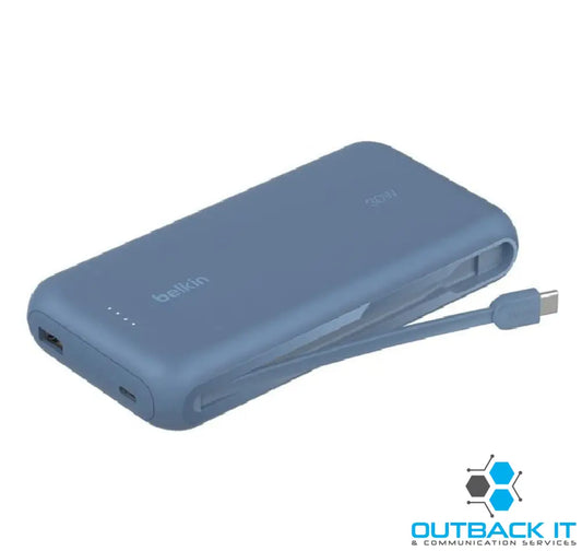 Belkin BoostCharge Power Bank 20K With Integrated Cable - Blue(BPB024fqBL),30W 1xUSB-A 2x USB-A,Integrated USB-C cable