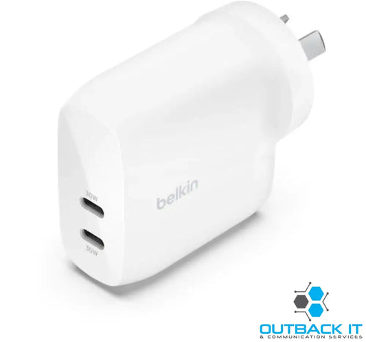 Belkin BoostCharge Pro 60W Dual USB-C PD 3.1 PPS Wall Charger - White (WCB010auWH) 2XUSB-C Ports,Compact & Travel Ready