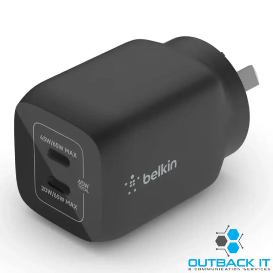 Belkin BoostCharge Pro 65W USB-C (PD 3.0) PPS Dual GaN Wall Charger - Black (WCH013auBK) Compact Laptop Charger