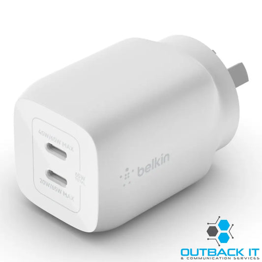 Belkin BoostCharge Pro 65W USB-C (PD 3.0) PPS Dual GaN Wall Charger - White (WCH013auWH) Compact Laptop Charger