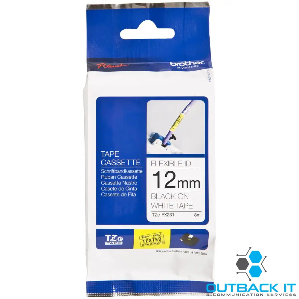 Brother 12mm Black on White Flexible TZE Tape Brother - LABELLERS