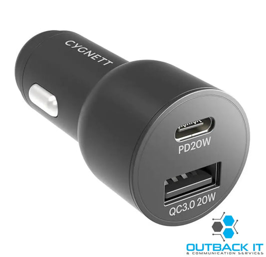 Cygnett CarPower 20W Dual Port Car Charger with 20W USB-C PD + 20W QC 3.0 USB-A-Black(CY3637CYCCH) Fast Charge Max 20W