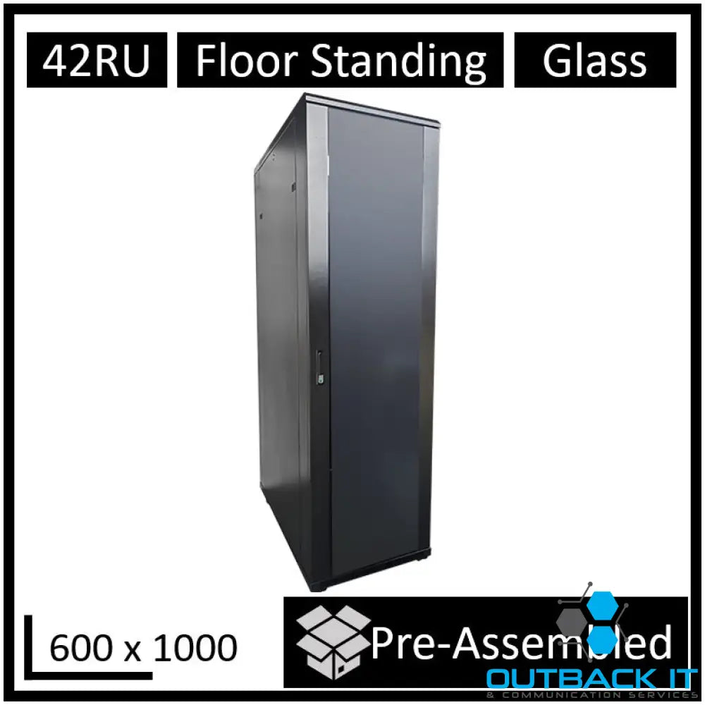 LDR Assembled 42U Server Rack Cabinet (600mm x 1000mm) Glass Door 1x 8-Port PDU 1x 4-Way Fan 2x Fixed Shelves - Black