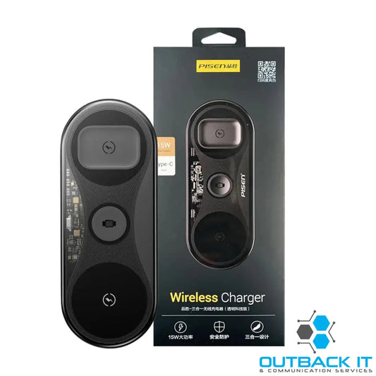 Pisen 3-in-1 Wireless Charger - Black High-Speed Charging Support Simultaneous Charging Multiple Power Outputs Multiple