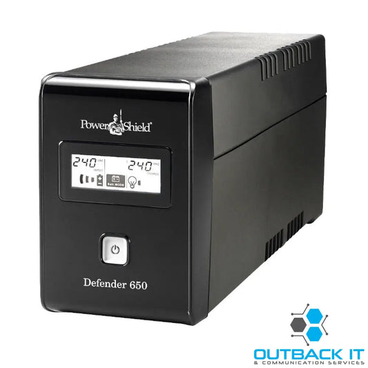PowerShield Defender 650VA UPS AVR LCD display 2 AU outlets user-replaceable batteries 2-year warranty Line Interactive