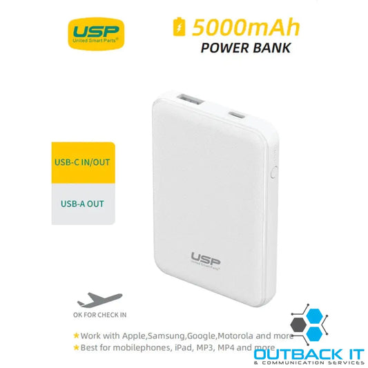USP Mini 5K mAh Power Bank (18.5W) with Dual Ports (USB-C + USB-A) White - LED Power Indicator Fast & Safe,Intelligent