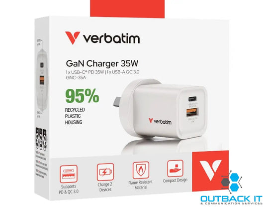 Verbatim 2 Port 35 Watt Portable GaN charger 1 x USB-C PD 35w 1x USB-A QC 3.0 Compact Design Apple Android Samsung
