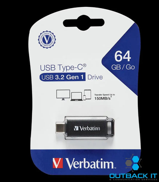 Verbatim 64GB Type-C USB 3.2 Flash Drive - Black Retail Pack 70903 Ultra Fast Transfer Compact and Light weight design