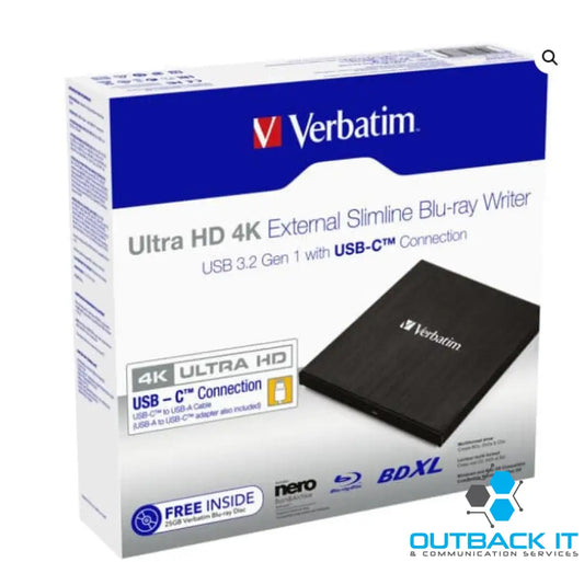 Verbatim External Slim Blue-ray Writer Ultra HD 4K Type-C Connection USB 3.1 Gen1. Includes Nero Burning Software.