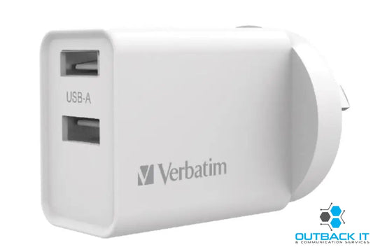 Verbatim USB Charger Dual Port 2.4A each Total 5v 3.4A White Wall Charger Rohs CE Apple Android tablet Handheld. OC OV